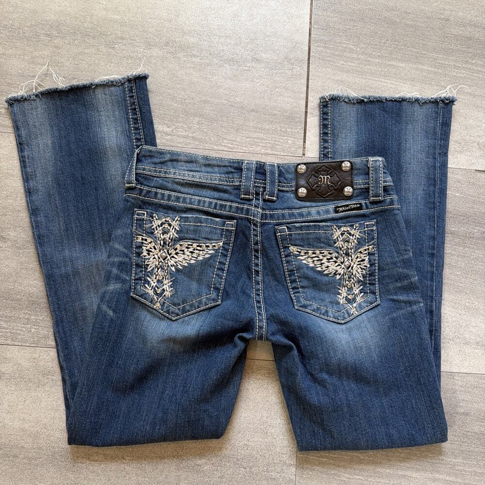 MISS ME Jeans Blue 28 JP5117 Boot Cut Low Rise Cross Pocket Rhinestone